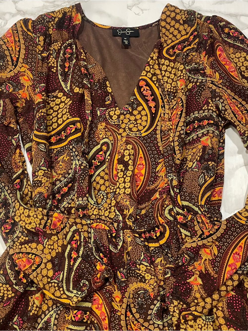 Jessica Simpson Reina Long Sleeve Dress in Deep Mahogany/Paisley Confetti